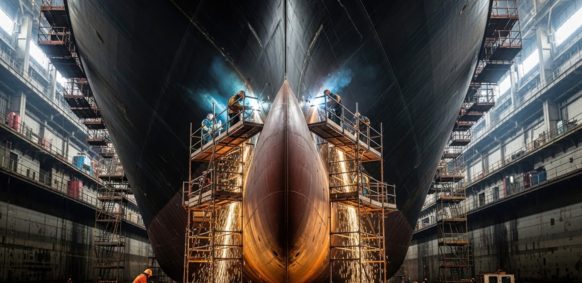 Massive ship hull being constructed and repaired in a large industrial shipyard dry dock